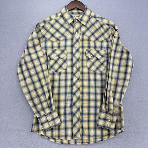 Y2K Wrangler Western Blue Yellow Plaid Pearl Snap Sleeved Shirt Mens M‎ Cowboy - Picture 1 of 8